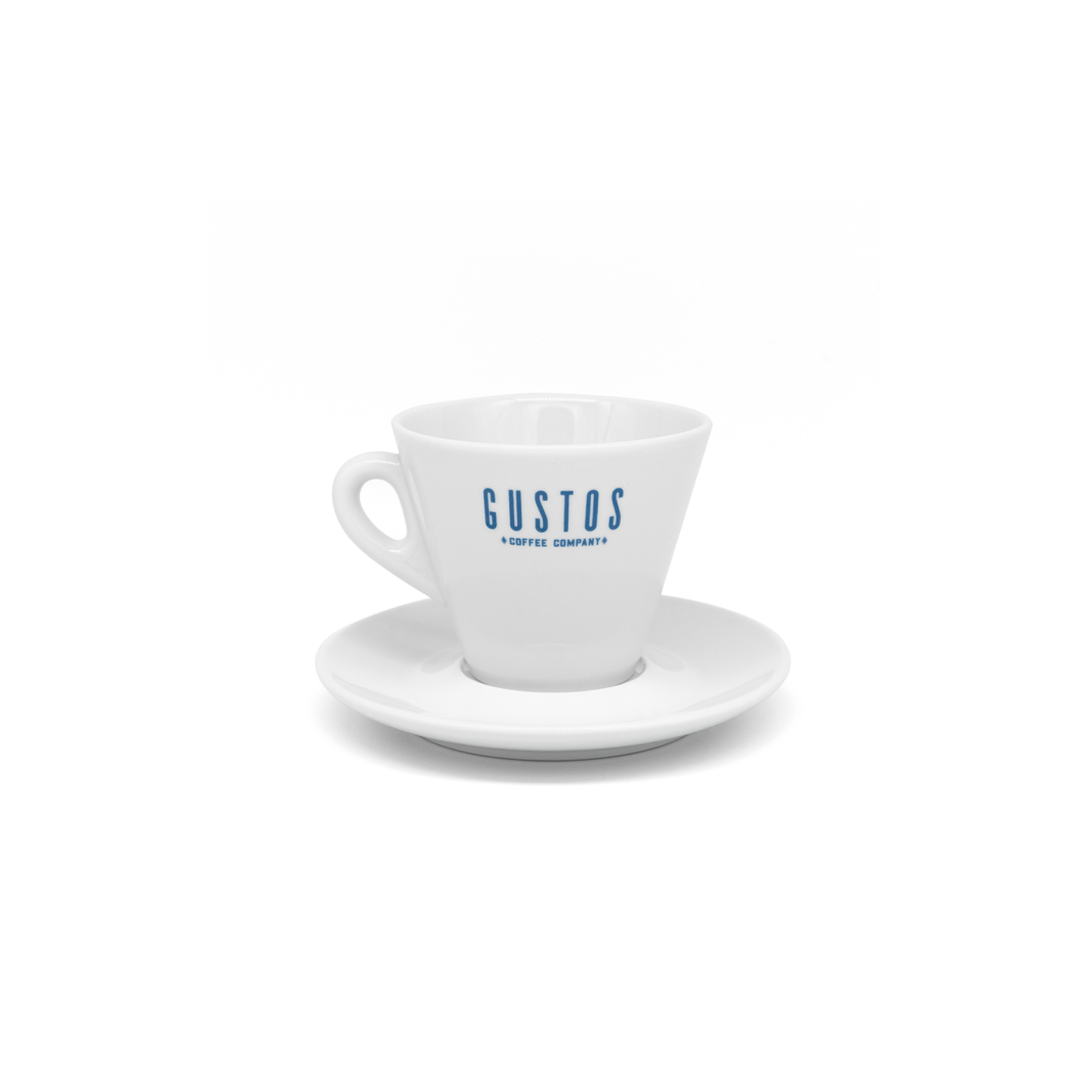 Taza-doble-capuchino-con-plato-Gustos-Coffee-Blanca