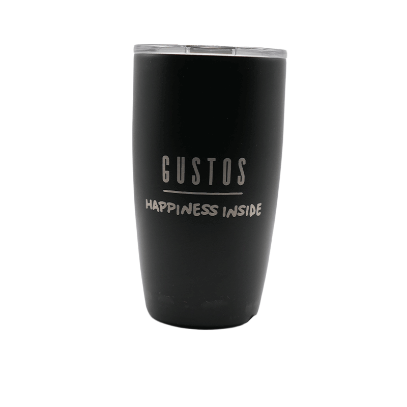 GUSTOS TUMBLER – 8 oz Black (Happiness Inside Edition)