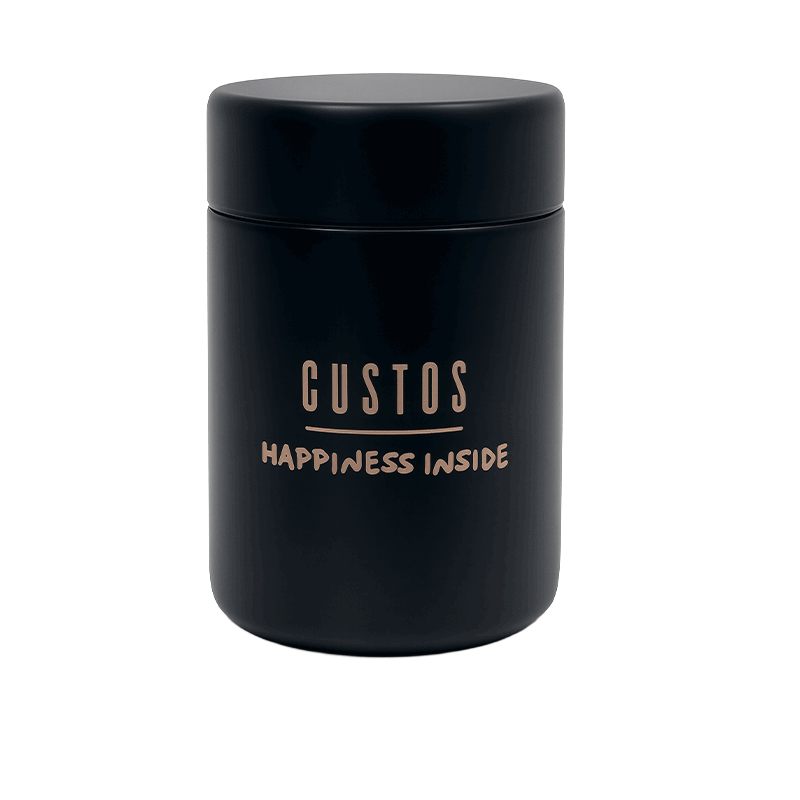 GUSTOS COFFEE CANISTER – 12 oz Black (Happiness Inside Edition)